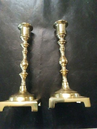 Pair Vintage Solid Brass Square Base Candlesticks 7 1/2” Candle Holders