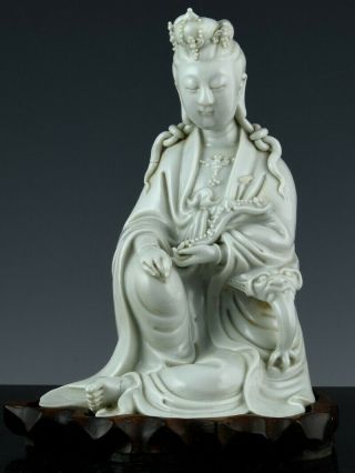 Fine Antique Chinese Blanc De Chine Guanyin W Scepter Porcelain Figure Seal Mark