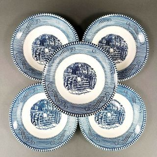 Vintage Currier And Ives Berry Bowls Blue & White 5.  5 " Royal China Set Of 5