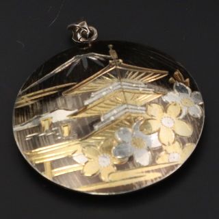 Vtg Sterling Silver - Japanese Damascene Etched Pagoda Flower Pendant - 8.  5g