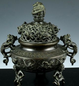 Large Antique Chinese Bronze Dragon Figural Lidded Tripod Censer Vase Ming Seal