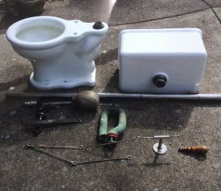Antique John Douglas 2 - Piece Toilet,  High Tank,  Oak Seat, 2