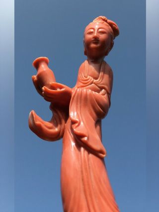 Lovely Chinese Coral Carved Figure Kwan - Yin Guan Yin W/ Bottle On Wood Base