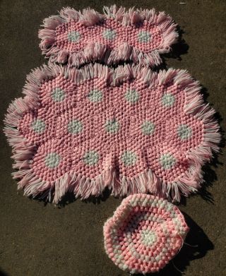 Vintage Crochet Bathroom Set Rug Toilet Cover Afghan Mcm Granny Pink Fringe