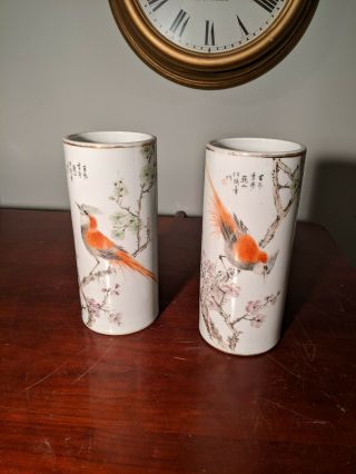 Chinese Porcelain Cylinder Vase 19th Century Pair Birds