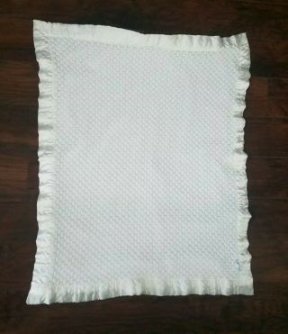 Vintage Quiltex Acrylic White Baby Blanket Silky Satin Trim 32” X 42” Crib Knit