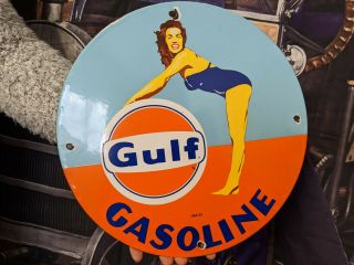 Vintage Old Dated 1953 Gulf Gasoline Porcelain Gas Station Ad Sign " Orange Disc "