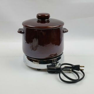 Vintage West Bend 2 Qt Electric Bean Pot Stoneware Slow Cooker Brown W/lid