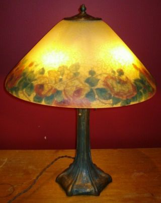 Antique Handel Reverse Painted Glue Chipped Ice Glass Lamp & Painted Roses