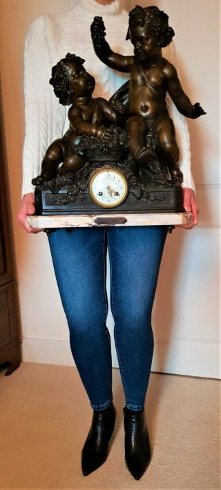 Large Antique French Marble & Metal Figural Mantel Clock Garniture.