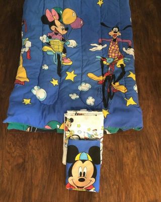 Vintage Mickey Mouse Comforter Disney Minnie Goofy Bike Twin Sheet Pillow Case