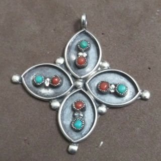 Vintage Native American Silver Turquoise Red Coral Cross Necklace Shadow Pendant