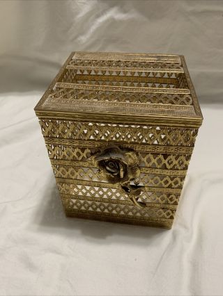 Vintage Tissue Box Holder/cover,  Square,  Metal - Gold,  Floral,  Ornate,  4.  75x4.  75