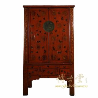 Antique Chinese Red Lacquered Butterfly Armoire,  Wardrobe