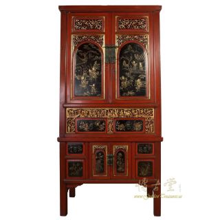 Antique Chinese Carved Gilt Red Wedding Armoire/wardrobe