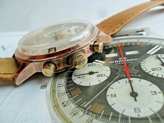 Vintage 1960 ' s Wakmann Triple Date Calendar 3 Register Swiss Chronograph Watch 3
