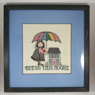 Vtg Handmade Bless This House Completed Cross Stitch Framed Picture Glass 11x11