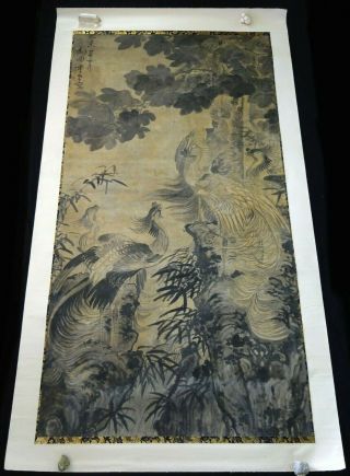 17/18c Chinese Giant Ink Painting On Paper Scroll Phoenix Birds & Wutong (koj)
