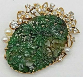 14k Solid Yellow Gold 12.  8 Grams Carved Jade Diamond & Pearl Pin Brooch Antique