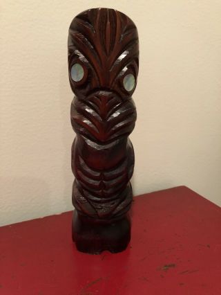 Vintage Zealand Maori Statue Tiki Abalone Eyes Wood Carving Hand Made