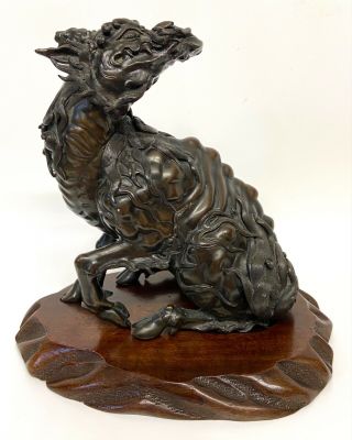 Antique Japanese Meiji Bronze Figure Of A Mythical Qilin / Kirin On Wooden Base