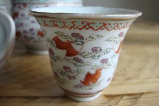 Pair Chinese Famille Rose Iron Red Bat Cup Warmers & Cups Guangxu Mark 19 / 20 c 5