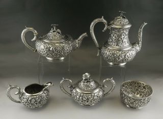 5pc Antique C1890 Baltimore Sterling Silver Flower Repousse Tea/coffee Set