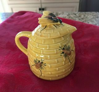 Vintage Ceramic Bee Hive Honey Pot Jar Server With Pour Spout And Bee Lid