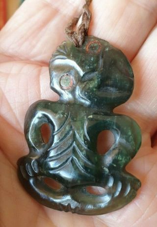 Old Zealand Maori Greenstone / Jade Carved Hei Tiki Necklace Late 1800 