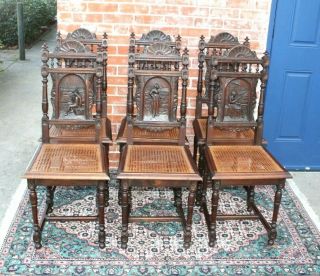 Set Of 6 French Antique Carved Oak Brittany Dining Chairs
