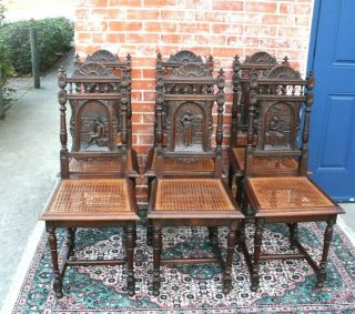 Set Of 6 French Antique Carved Oak Brittany Dining Chairs 2