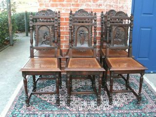 Set Of 6 French Antique Carved Oak Brittany Dining Chairs 3