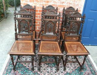 Set Of 6 French Antique Carved Oak Brittany Dining Chairs 4