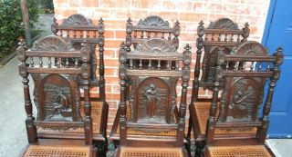 Set Of 6 French Antique Carved Oak Brittany Dining Chairs 5