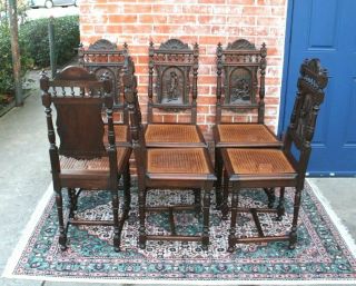 Set Of 6 French Antique Carved Oak Brittany Dining Chairs 6