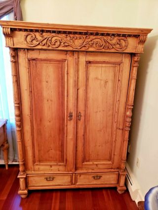 Antique Pine Two Door Armoire With Fitted Interior Shelves