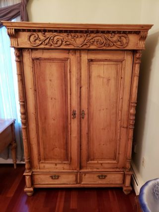 ANTIQUE Pine Two Door Armoire with Fitted Interior Shelves 3