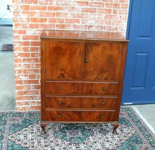 English Antique Queen Anne Mahogany Cabinet 3 Drawer 2 Door / Chest Of Drawer