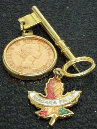 Vintage Old Key Pin Niagara Falls Enamel Charm 1960 Penny Canada Souvenir Brooch