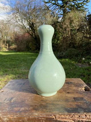 Chinese Pale Celadon Qianlong Mark Garlic Mouth Porcelain Bottle Vase