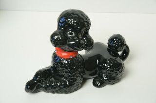 Vintage Black Poodle Dog Ceramic Figurine Mid - Century Red Collar W/ Rhinestones