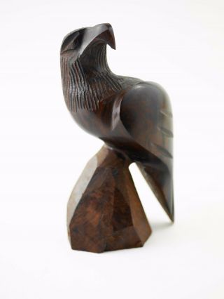 Vtg Solid Wood Hand Carved Eagle Figure Figurine - Dark Stained Wood 6 " Tall