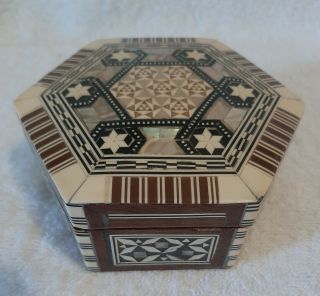 Vintage Trinket Box Inlaid Wood & Mother Of Pearl Inlay Hexagonal Star Design