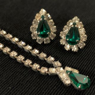 Vtg Art Deco Emerald Green Glass Marquis Rhinestone Necklace & Earrings Set 15”