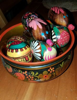 Vintage Russian Folk Art Wooden Bird Whistles Plus Wooden Hand Painted Eggs,  Bowl