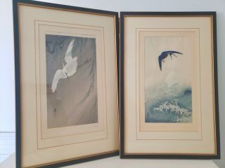 Pr Ohara Koson,  Egret In Storm,  Swallow Over Wave Signed Japanese Woodblock Print
