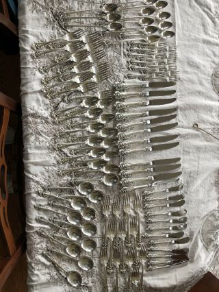 Complete 96 Pc Old Heavy Set Wallace Grande Baroque Sterling Flatware Setting