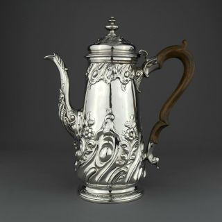 Ornate Antique George Ii Solid Sterling Silver Coffee Pot,  London 1744.