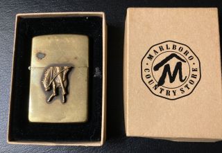 1994 Marlboro Zippo Lighter Brass Cowboy Bucking Bronco Country Store W/ Box