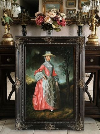 Antique Style Oil Painting Portrait 18th C.  Woman In A Pink Dress Signed Framed